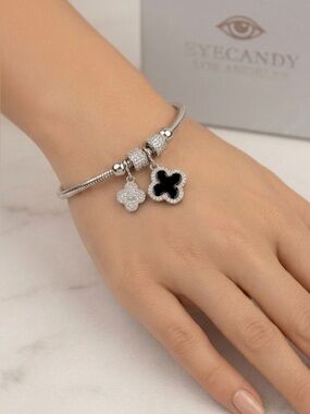 Eyecandy Silver Bracelet with Black & Silver cz Clover Charms